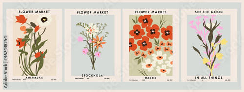 Botanical poster set flowers and branches. Modern style, pastel colors