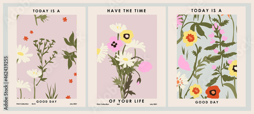 Botanical poster set flowers and branches. Modern style, pastel colors