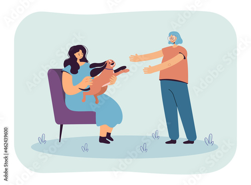 Women playing with dog at home. Happy carefree puppy jumping from arms of female character flat vector illustration. Pet training fun game concept for banner, website design or landing web page