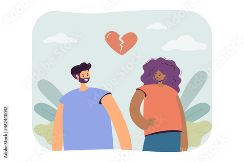 Separation of couple people with broken heart. Conflict of two man and woman flat vector illustration. Divorce in family, bad relationship, love concept for banner, website design or landing web page