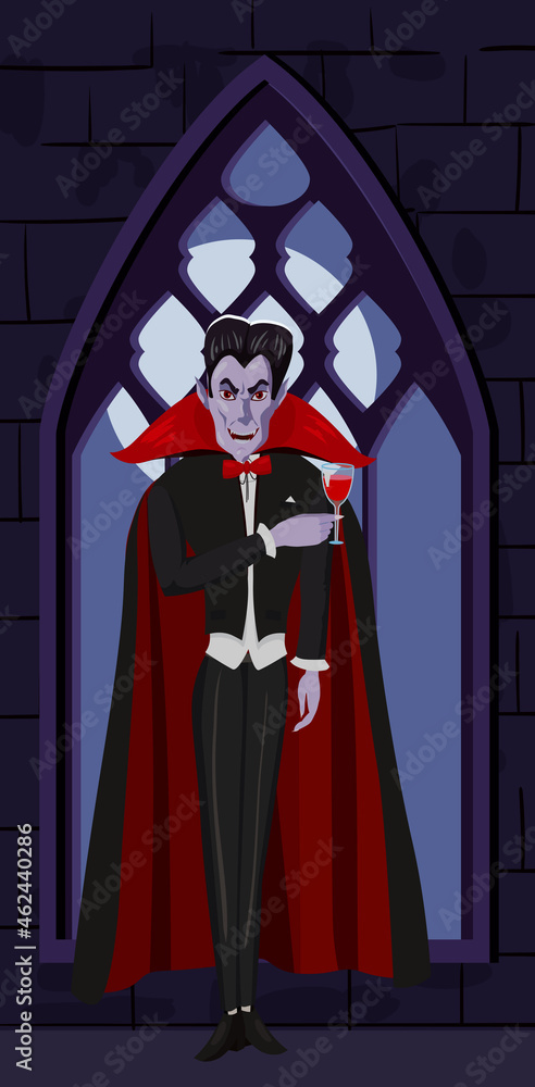 Dracula vampire character in black red cape with wineglass, dark castle window, moon, interior. Vector illustration cartoon style isolated