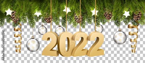 Christmas holiday frame with branches of tree garland and a golg 2022 litters on transparent background. Vector. photo