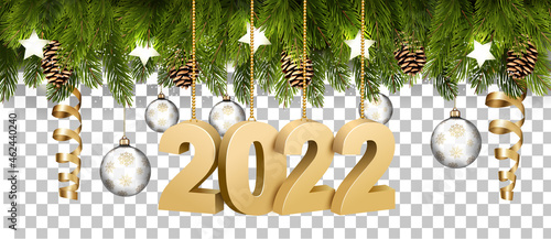 Christmas holiday frame with branches of tree garland and a golg 2022 litters on transparent background. Vector.
