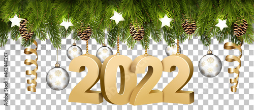 Christmas holiday frame with branches of tree garland and a golg 2022 litters on transparent background. Vector.