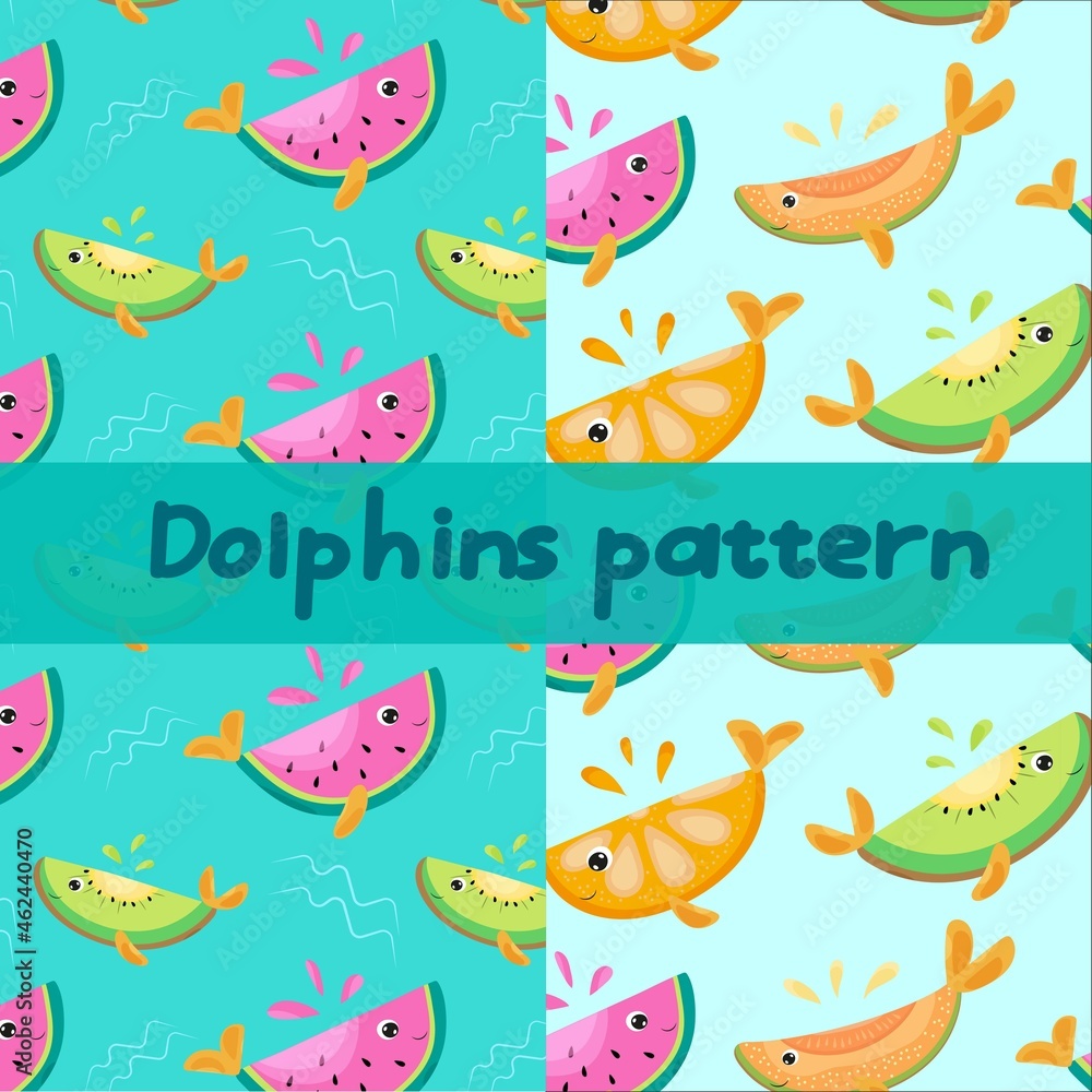 Pattern set. Dolphins in the form of fruit slices. Perfect for children's designs Pattern set. Dolphins in the form of fruit slices. Perfect for children's designs
