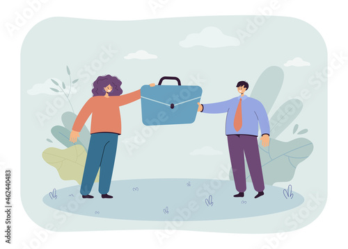 HR manager giving briefcase to businessman. Handover job position between tiny female and male character flat vector illustration. Hiring process concept for banner, website design or landing web page