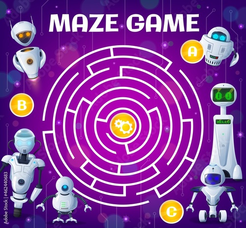 Kid labyrinth maze game, cartoon robots and droids. Vector boardgame with ai cyborgs and androids. Worksheet riddle with round field, tangled path, entries with gears in center. Find correct way test