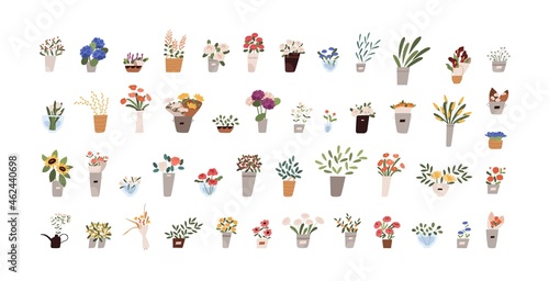 Set of flowers, bouquets, foliage and blooming floral plants in pots, vases and jugs. Floristic interior decor collection. Colored flat graphic vector illustration isolated on white background