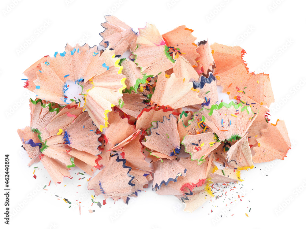 Pile of colorful pencil shavings on white background, top view Pile of colorful pencil shavings on white background, top view