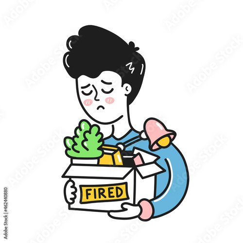 Sad young man holding stuff in box with fired sign. Vector hand drawn doodle cartoon character illustration icon. Isolated on white background. Man fired from work concept
