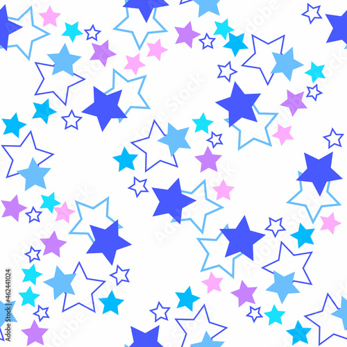 Seamless pattern with blue and lilac stars on a white background. Use for fabric, wrapping paper, wallpaper, print, backdrops, baby clothes, napkins, bags, merchandise, clothing, and artwork.