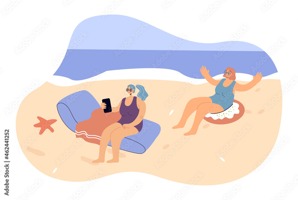 Women in bikini taking selfie travel photo on beach. Happy girl using smartphone camera flat vector illustration. Summer vacation photography concept for banner, website design or landing web page Women in bikini taking selfie travel photo on beach. Happy girl using smartphone camera flat vector illustration. Summer vacation photography concept for banner, website design or landing web page