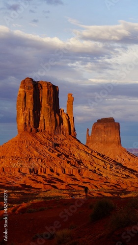 Monument Vally,Mitten at sunset.Red. Monument Valley on the American Indian Reservation.From left: West Mitten Butte and East Mitten Butte in the sunset.
