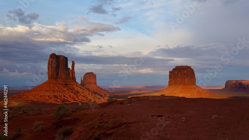 Monument Vally,Mitten at sunset.Red. Monument Valley on the American Indian Reservation.West Mitten Butte and East Mitten Butte, Merrick Butte in the sunset.