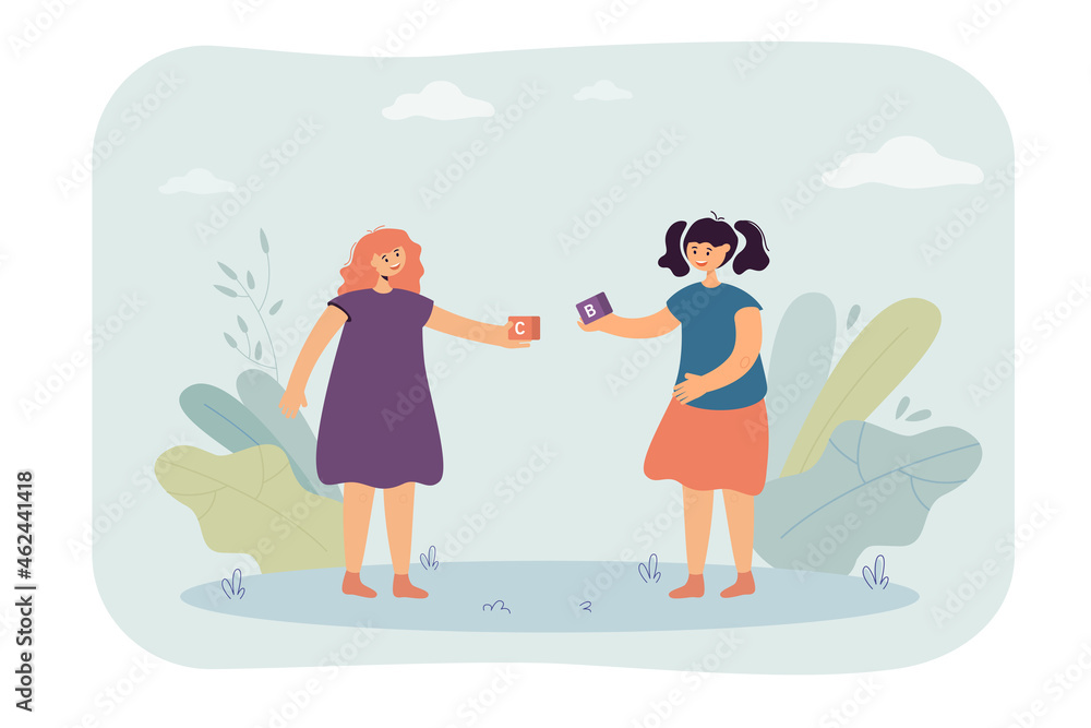 Little students holding alphabet cubes, learning english letters. Girls playing educational game with toys flat vector illustration. Education concept for banner, website design or landing web page Little students holding alphabet cubes, learning english letters. Girls playing educational game with toys flat vector illustration. Education concept for banner, website design or landing web page