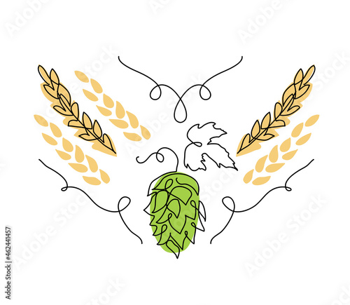 Hop herb and spikelets vector sketch. One continuous line art drawing illustration with hop and malt for beer or ale label design