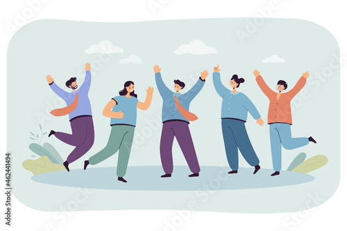 Business team celebrating success vector illustration. Happy office workers jumping, laughing. Victory, achievements, teamwork concept for website or landing web page