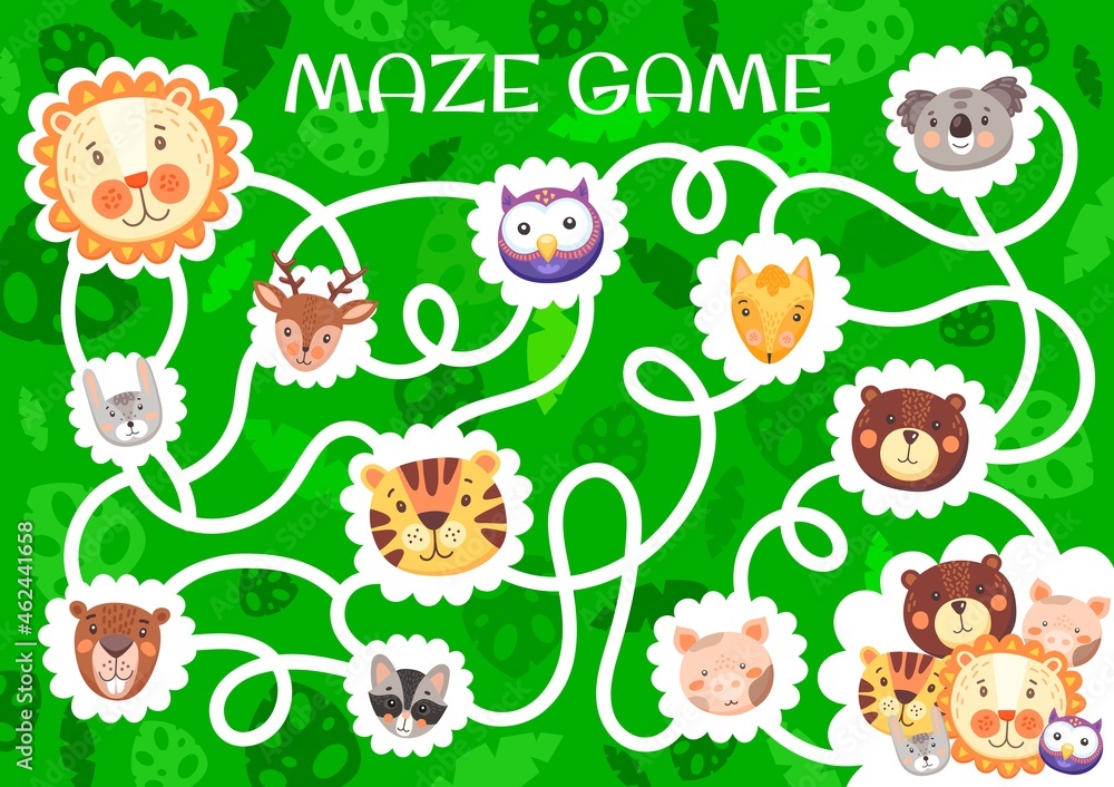 Labyrinth maze with cute funny animals. Kids vector board game with tangled path and cartoon characters. Lion, hare, tiger and koala with pig, beaver and bear with owl, fox or deer children riddle