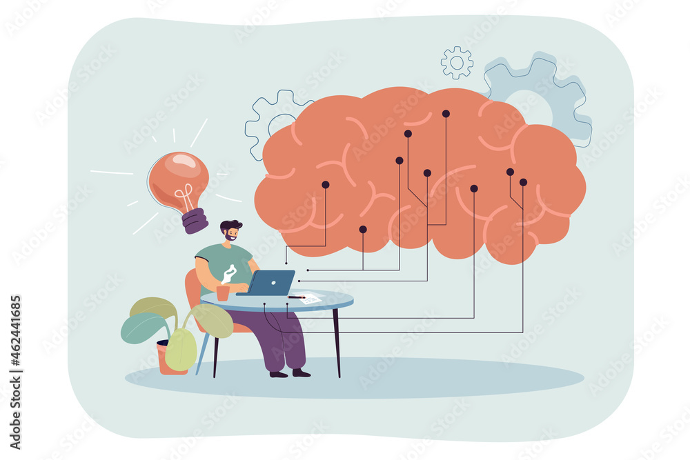 IT engineer working with computer using digital data. Process of creating big artificial mind connected in one circuit vector illustration. Science learning, education and AI concept for header banner IT engineer working with computer using digital data. Process of creating big artificial mind connected in one circuit vector illustration. Science learning, education and AI concept for header banner