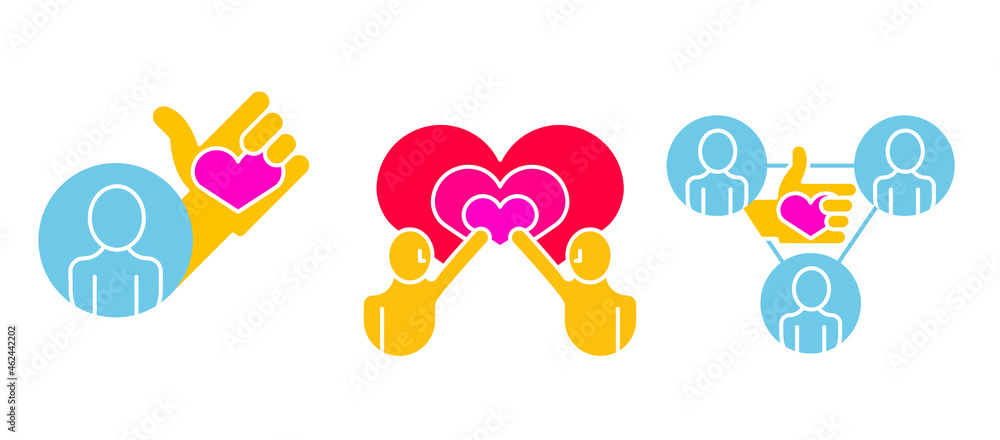 Heart in the middle of people, holding heart and love symbol. Growing heart and special day icon. Editable row set. Colorful icon set. Logo-web, icon design.