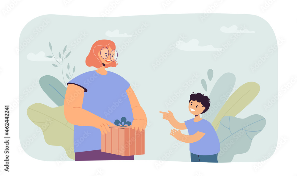 Mother giving surprise gift to happy little son. Woman holding present box with bow flat vector illustration. Family love and care, childhood concept for banner, website design or landing web page Mother giving surprise gift to happy little son. Woman holding present box with bow flat vector illustration. Family love and care, childhood concept for banner, website design or landing web page