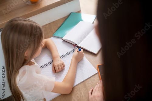 A long-haired girl studying at home and looking involved