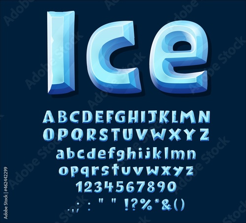 Cartoon blue ice crystal font type. Uppercase alphabet, digits and punctuation signs. Vector abc letters, winter frozen digits and symbols. Isolated ice font for game design