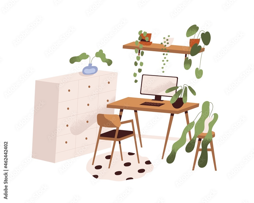 Modern home interior design. Scandinavian room with cozy stylish workplace, computer, table, chair, cabinet and house plants in pots. Colored flat vector illustration isolated on white background - obrazy, fototapety, plakaty 