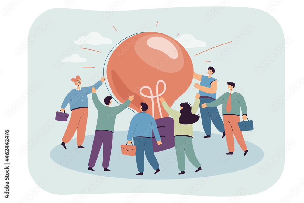 Huge lightbulb and business team vector illustration. Group of business people meeting in office , working on innovations and strategy. Creative idea, new project, startup concept for banners Huge lightbulb and business team vector illustration. Group of business people meeting in office , working on innovations and strategy. Creative idea, new project, startup concept for banners
