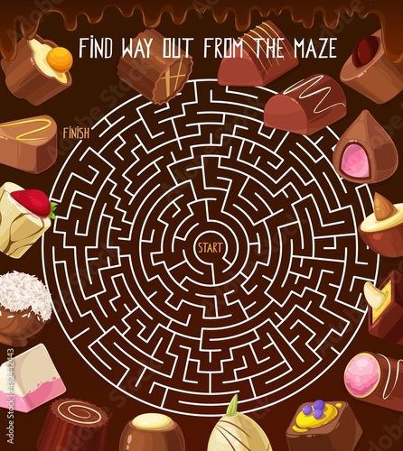 Kids riddle labyrinth maze with chocolate truffle, roasted nuts candy, praline sweets. Vector round labyrinth with confectionery. Find correct way out of the maze boardgame task with tangled path