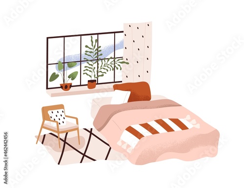 Home bedroom interior design. Cozy empty room with comfortable bed, blanket, pillows, window, house plants and armchair in Scandinavian style. Flat vector illustration isolated on white background
