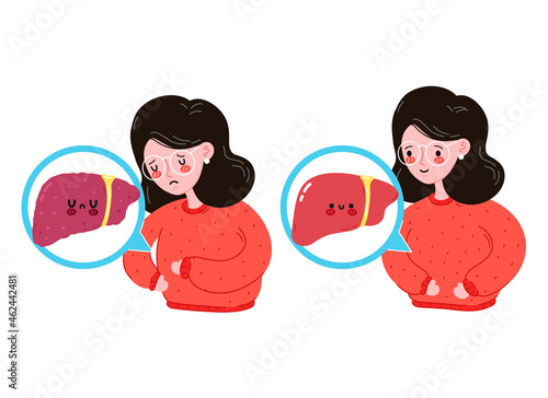 Sad sick and happy young women with healthy vs unhealthy liver. Vector flat cartoon illustration icon design. Isolated on white background. Liver health problem concept