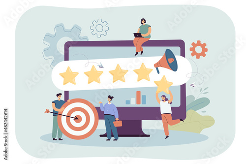 Managers analyzing company rating and brand reputation. Big computer and tiny people vector illustration. Professional management, insight, SEO, social network analytics concept