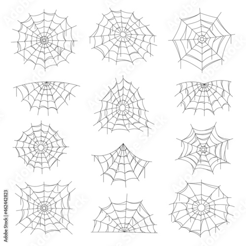 Cobweb and spider web Halloween isolated net. Vector spiderwebs of round, corner and half shape. Spooky, scary design elements for greeting cards or party decoration, insects trap monochrome decor set