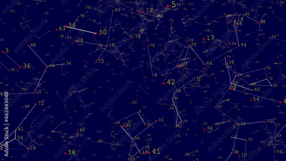 Network. Loop animation with grid of lines, moving numbers and red dots on a blue background Network. Loop animation with grid of lines, moving numbers and red dots on a blue background