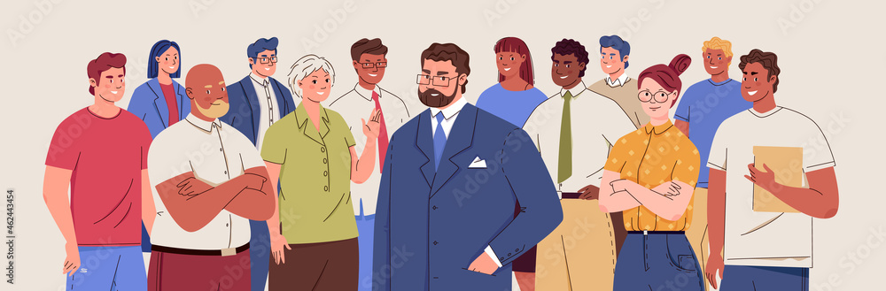 Society of modern successful people of different races, genders, ages. Business team. Social equality concept. Vector flat cartoon illustration with characters.