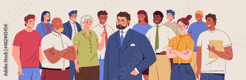 Society of modern successful people of different races, genders, ages. Business team. Social equality concept. Vector flat cartoon illustration with characters.
