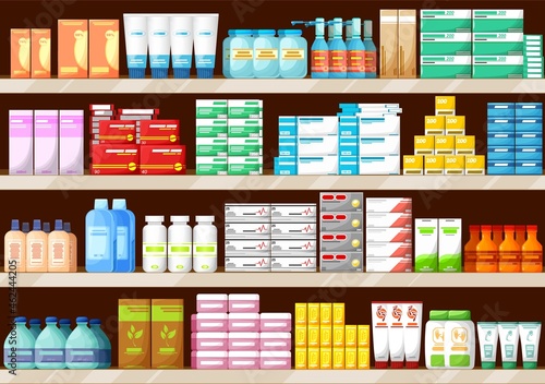 Pharmacy shelves with medications, bottles and pills, pharmaceutic store interior vector background. Pharmacy drugstore shelf or pharmacist shop counter display with pills and vitamins in boxes