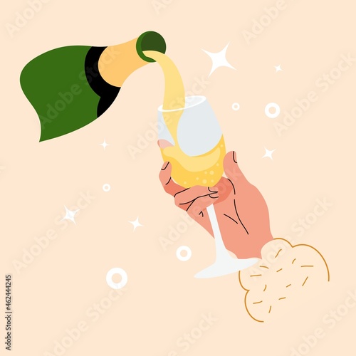 Sparkling wine from bottle is poured into goblet. Graphic design for gourmet or sommelier tasting an alcoholic beverage. Hand holds glass with champagne drink. Vector illustration on isolated color