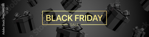Black Friday sale vector banner, with falling gift boxes and golden lettering. Luxury style dark promotional background with realistic gift boxes pattern.