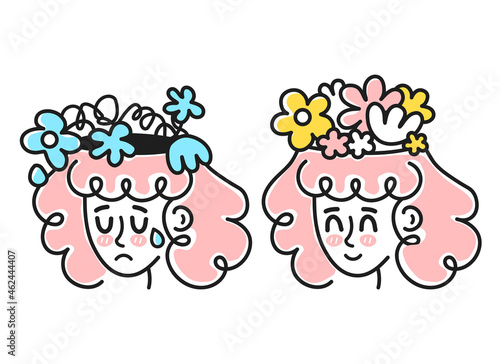 Cute sad and happy woman head with flowers inside head. Good vs bad mood, mental health, depression.emotional concept.Vector cartoon character illustration icon. Isolated on white backgound