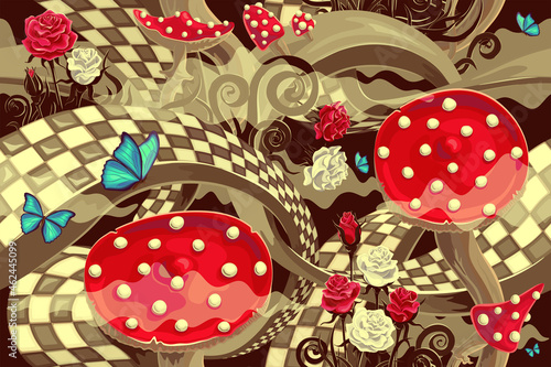 surreal wonderland background with a maze road, roses, mushrooms and butterflies. Seamless pattern. Texture for fabric, wrapping, wallpaper. Decorative print. Vector illustration