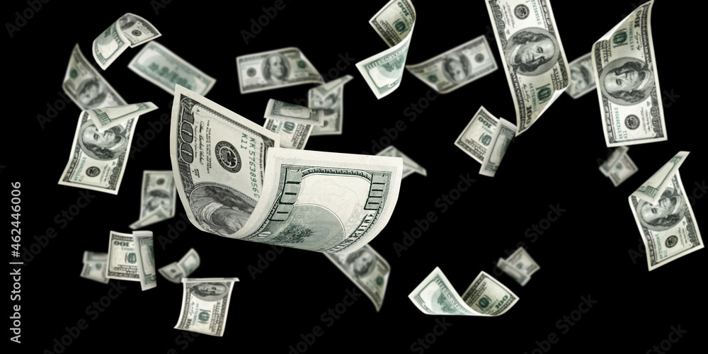 Dollar sign. American money. Cash black background, us bill. Money falling.  Stock Photo | Adobe Stock