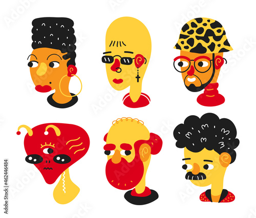 Different hipster people face set collection. Vector trendy hand drawing cartoon style character illustration icon. Trendy fashion hispter people avatars bundle. Isolated on white background
