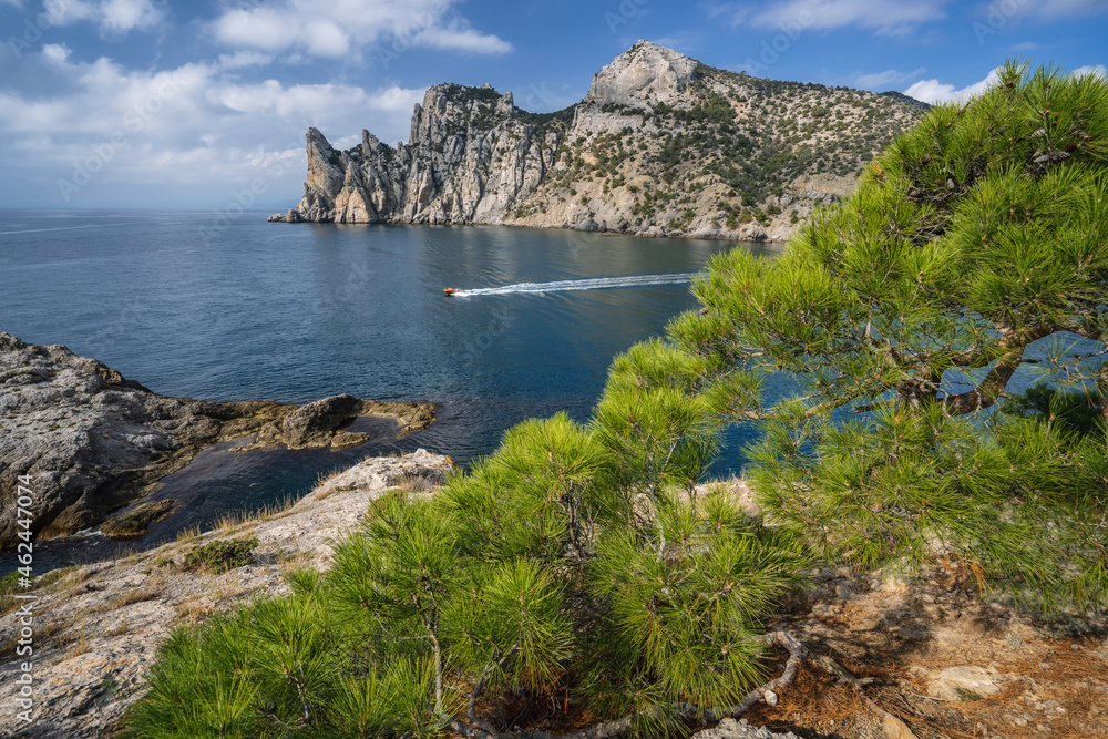 Scenic mountain Karaul-Oba nearby coastline of Black Sea. Structure formed by pre-historic corals. Shot near town Novyi Svit, Crimea