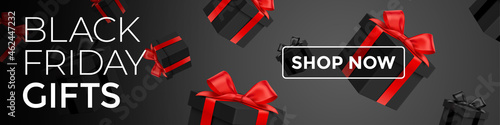 Black Friday gifts online shopping banner, with shop now button. Holiday shopping dark vector background with falling gift boxes, with red and black ribbons.