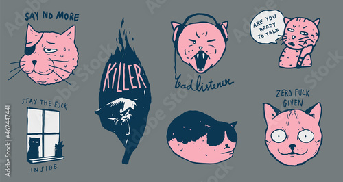 A set of " ignorance antisocial cats" mean and lazy concept pins/ stickers design collection, cute, fun and bad anti social vibe, simple monotone pastel color, flat hand drawn style