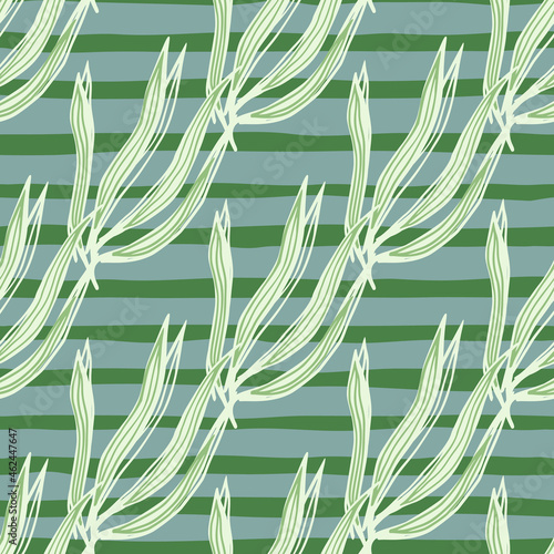 Green seaweeds seamless pattern on stripe background. Underwater foliage backdrop.