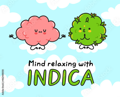 Cute weed cannabis bud meditate with brain. Mind relaxing with indica quote. Vector cartoon character flat line illustration. Weed and brain, marijuana strains, indica cannabis concept