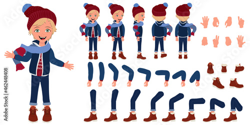 Flat Vector Illustration of Kid Boy Wearing Winter Clothes, Cartoon Character Set For Animation, Various Views, Poses and Gestures